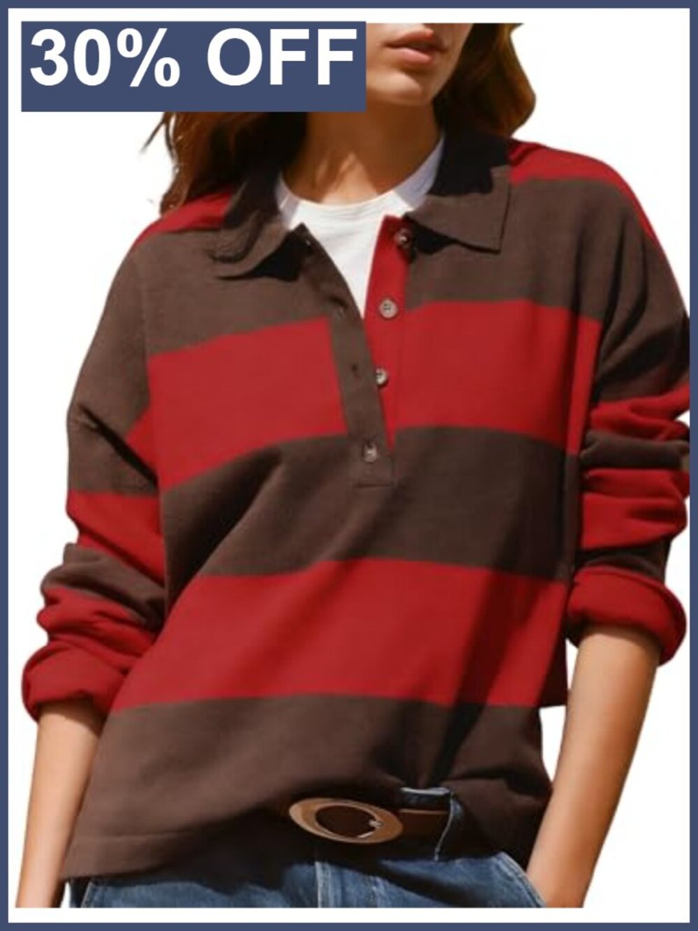Rugby Polo Sweater Women Button Front V-Neck Striped Pullover